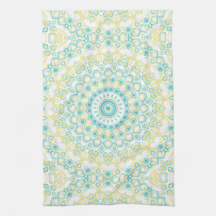 Teal and Yellow Geometric Mandala Pattern Tea Towel