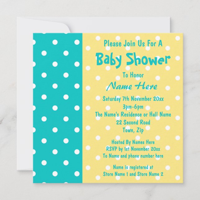Teal and Yellow Polka Dot, Custom Baby Shower Invitation (Front)