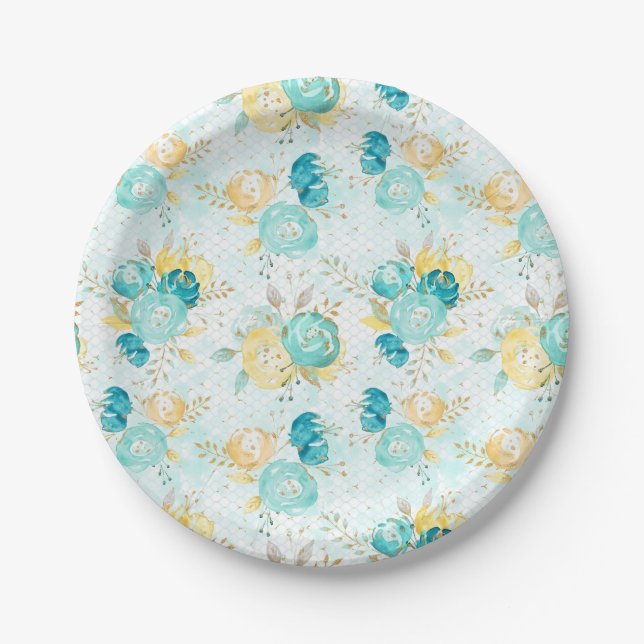 Teal and Yellow Rose Paper Plate (Front)