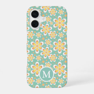 Teal and Yellow Spring Flower Pattern Monogram iPhone 16 Case