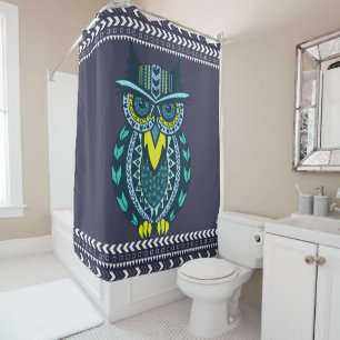 Teal and Yellow Tribal Patterned Owl Shower Curtain