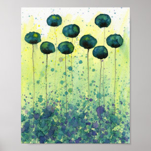 Teal and Yellow Watercolor Flowers, Modern Wall Poster