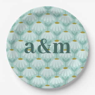 Teal Anniversary Wedding Monogram Daisies Floral Paper Plate