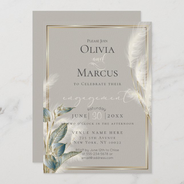 Teal  Anthurium and Feathery Pampas Grass Invitation (Front/Back)