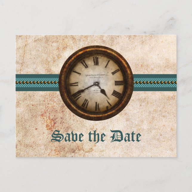 Teal Antique Clock Save the Date Postcard (Front)