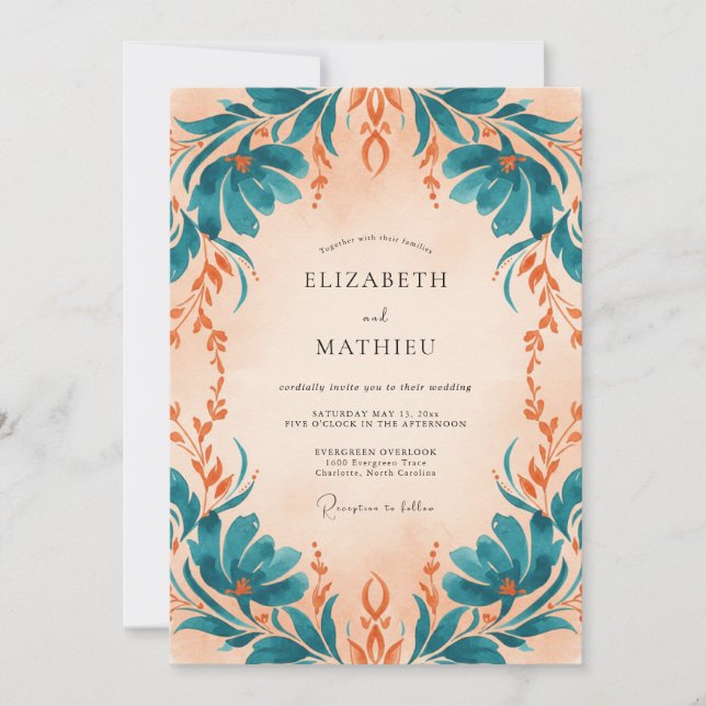 Teal Apricot Foliage Eucalyptus Wedding Invitation (Front)