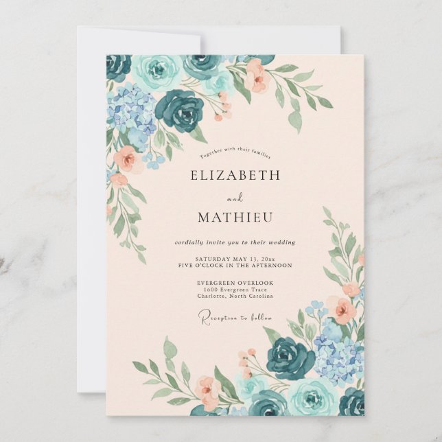 Teal Apricot Ranunculus Eucalyptus Wedding Invitation (Front)