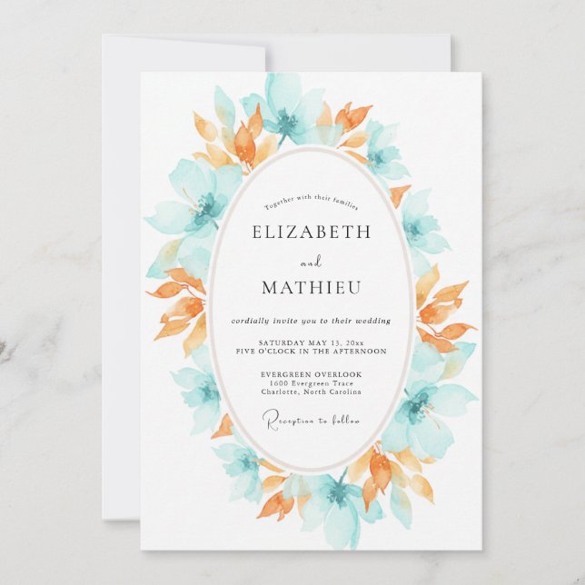 Teal Apricot Wreath Wedding Invitation (Front)