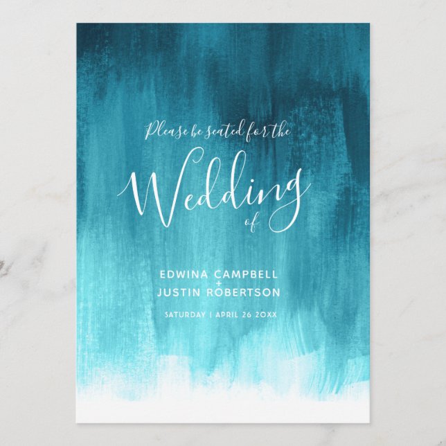 Teal aqua abstract art painted wedding programme (Front)
