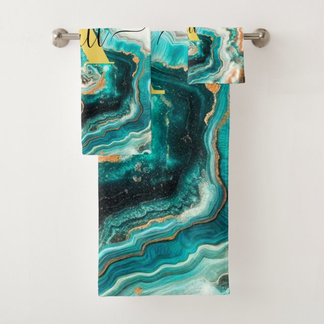 Teal Aqua Agate Golden Custom Modern Monogram Bath Towel Set (Insitu)