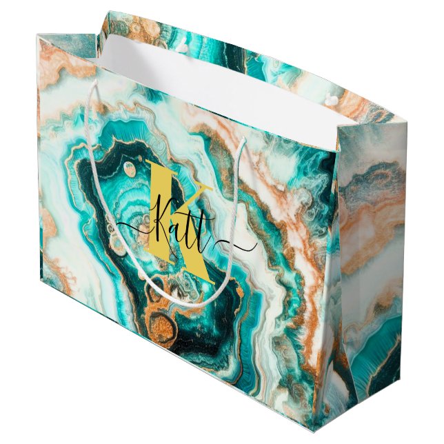 Teal Aqua Agate Golden Custom Modern Monogram Large Gift Bag (Back Angled)