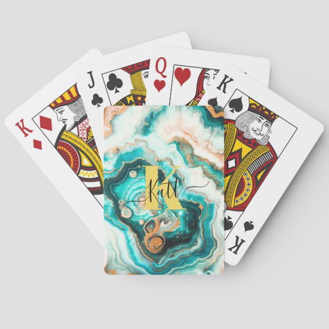 Teal Aqua Agate Golden Custom Modern Monogram Playing Cards (Back)