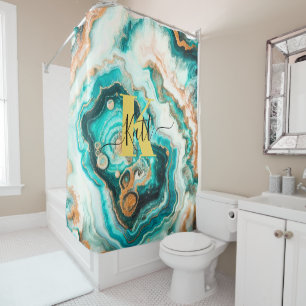 Teal Aqua Agate Golden Custom Modern Monogram Shower Curtain