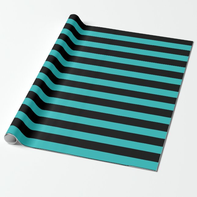 Teal Aqua and Black Stripes Wrapping Paper (Unrolled)