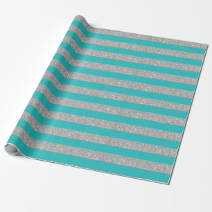 Teal Aqua and Silver Glitter Stripes Wrapping Paper