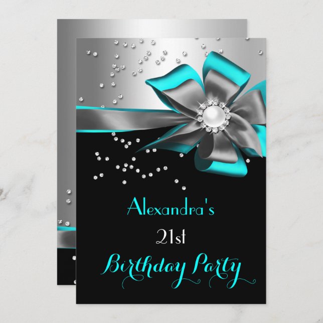 Teal Aqua Black Silver Bow Pearl Birthday Party Invitation (Front/Back)