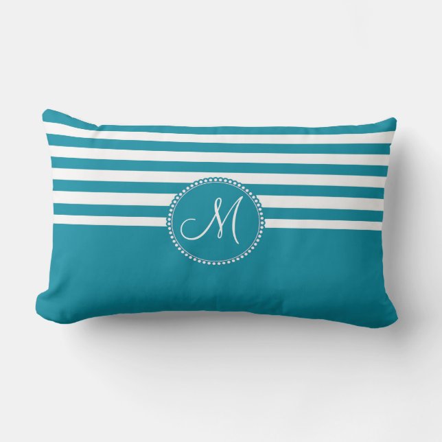 Teal Aqua Blue and White Striped Monogram Lumbar Cushion (Front)