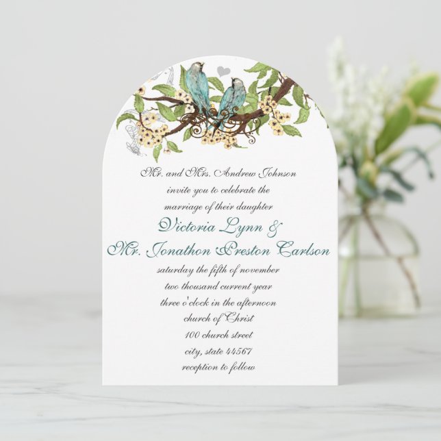 Teal Aqua Blue and Yellow Bird Wedding Invitation (Standing Front)