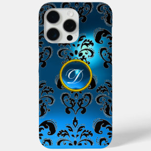 TEAL AQUA BLUE BLACK DAMASK GEMSTONE MONOGRAM iPhone 15 PRO MAX CASE