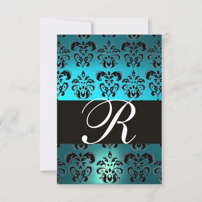 TEAL AQUA BLUE BLACK DAMASK MONOGRAM RSVP CARD (Front)