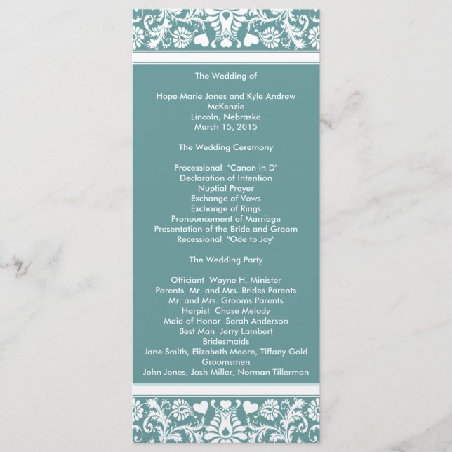 Teal Aqua Blue Damask Swirls Wedding Program Programme (Front)