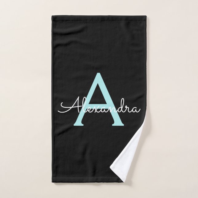 Teal Aqua Blue Girly Script Monogram Name Modern Hand Towel (Hand Towel)