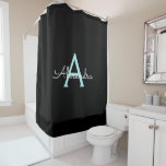 Teal Aqua Blue Girly Script Monogram Name Modern Shower Curtain<br><div class="desc">Black and Teal Aqua Blue Monogram Name Bathroom Shower Curtain. This makes the perfect sweet 16 birthday,  wedding,  bridal shower,  anniversary,  baby shower or bachelorette party gift for someone that loves glam luxury and chic styles.</div>
