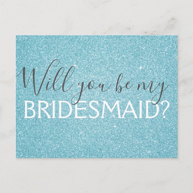 Teal Aqua Blue Glitter and Sparkle Bridesmaid Invitation Postcard (Front)