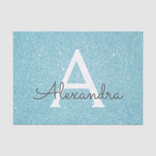 Teal Aqua Blue Glitter and Sparkle Monogram Tissue Paper