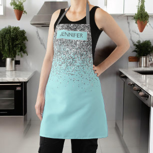Teal Aqua Blue Glitter Girly Monogram Name Apron