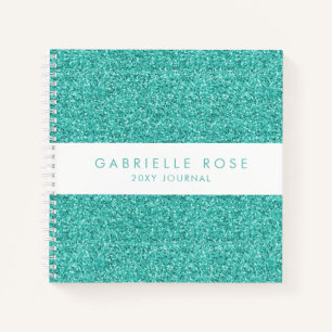 Teal Aqua Blue Glitter Journal Notebook with Name