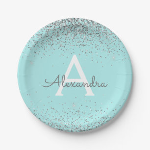 Teal Aqua Blue Glitter Sparkle Monogram Birthday Paper Plate