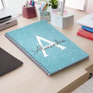 Teal Aqua Blue Glitter Sparkle Monogram Notebook