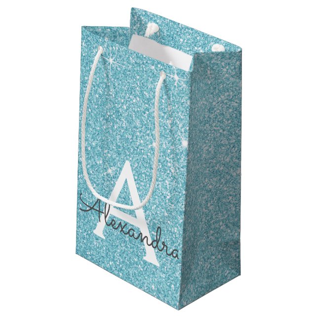 Teal Aqua Blue Glitter & Sparkle Monogram Small Gift Bag (Back Angled)