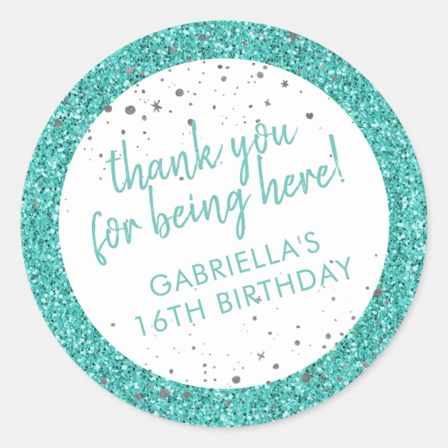Teal Aqua Blue Glitter Thank You Birthday Favour Classic Round Sticker (Front)