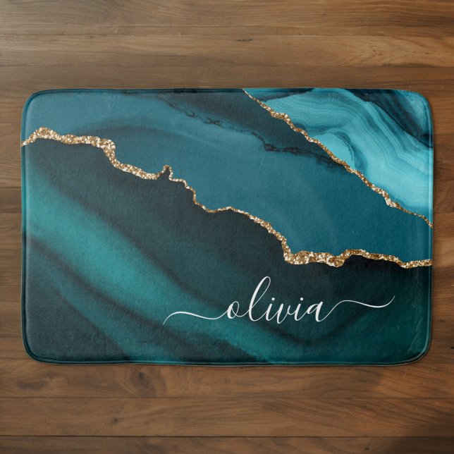 Teal Aqua Blue Green Agate Geode Gold Monogram Bath Mat (Creator Uploaded)