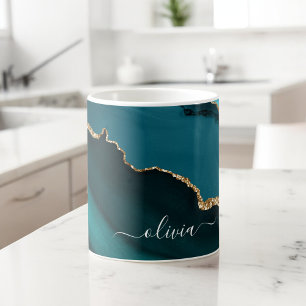 Teal Aqua Blue Green Agate Geode Gold Monogram Coffee Mug