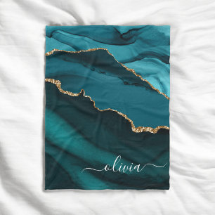 Teal Aqua Blue Green Agate Geode Gold Monogram Fleece Blanket