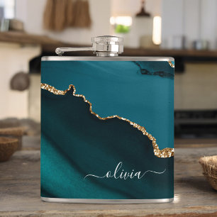 Teal Aqua Blue Green Agate Geode Gold Monogram Hip Flask