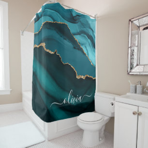 Teal Aqua Blue Green Agate Geode Gold Monogram Shower Curtain