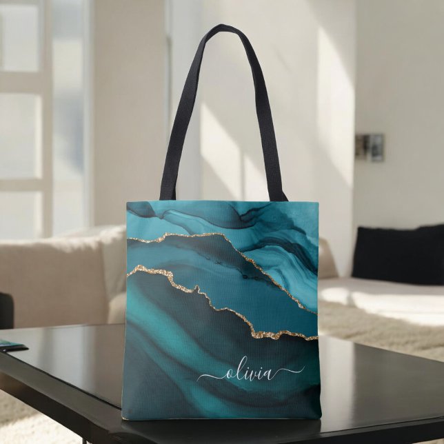 Teal Aqua Blue Green Agate Geode Gold Monogram Tote Bag (Creator Uploaded)