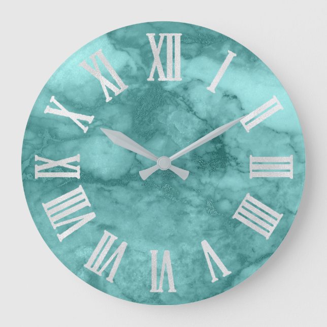 Teal Aqua Blue Grey Silver Roman Numbers Large Clock (Front)