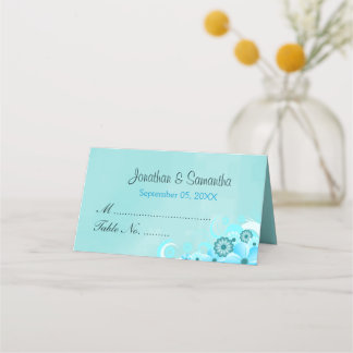Teal Aqua Blue Hibiscus Floral Folded Table Place Card