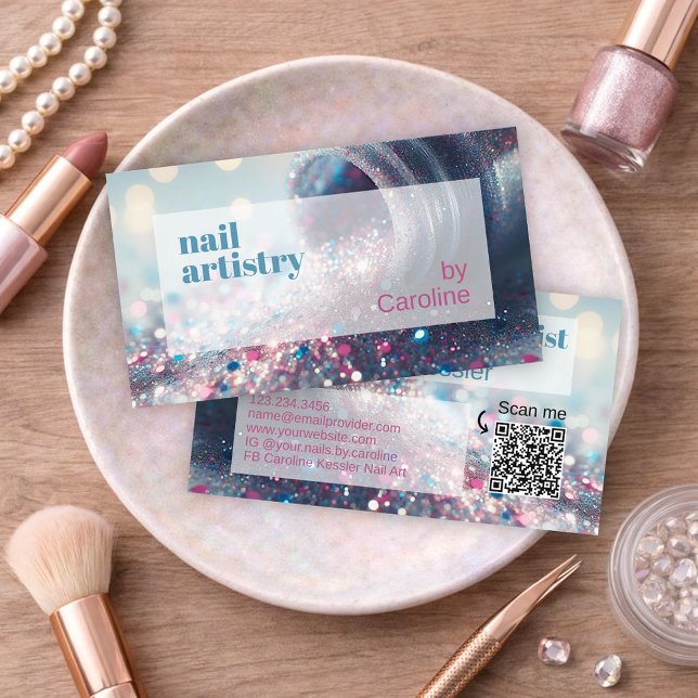 Teal Aqua Blue Hot Pink Glitter Nail Polish Business Card (Creator Uploaded)