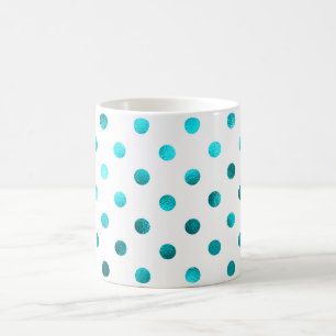 Teal Aqua Blue Metallic Faux Foil Polka Dot White Coffee Mug