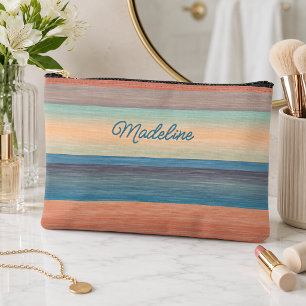 Teal Aqua Blue Peach Orange Watercolor Stripes Accessory Pouch
