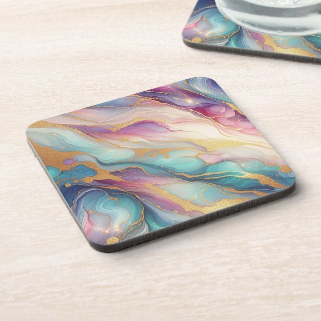 Teal Aqua Blue Purple Pink Gold Marble Art Pattern Coaster (Left Side)