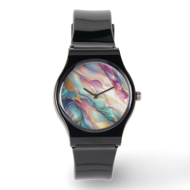 Teal Aqua Blue Purple Pink Gold Marble Art Pattern Watch (Front)