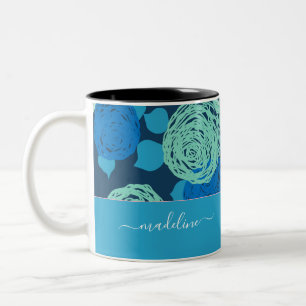Teal Aqua Blue Roses Monogram Custom Name Two-Tone Coffee Mug