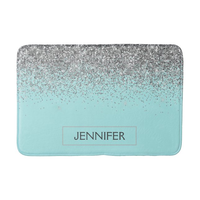 Teal Aqua Blue Silver Glitter Girly Monogram Name Bath Mat (Front)